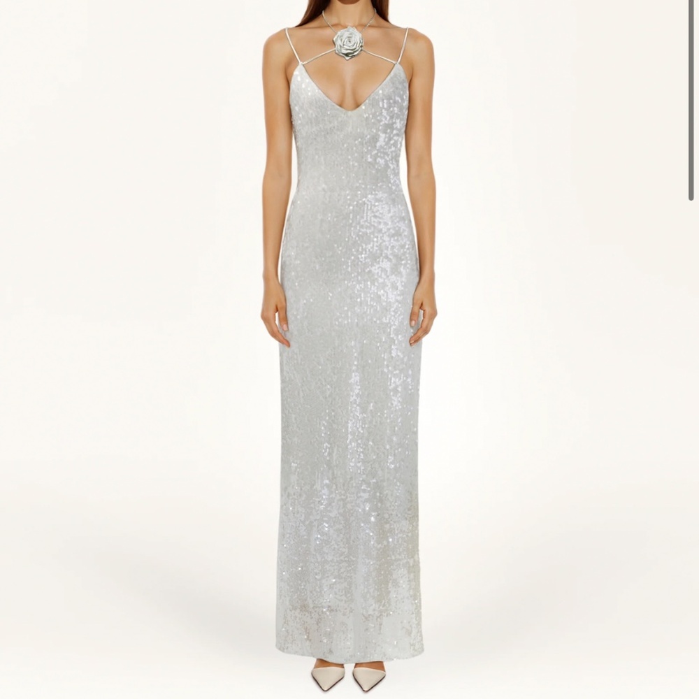 JW PEI- Heisey White Sequinned Rosette Maxi Dress - White